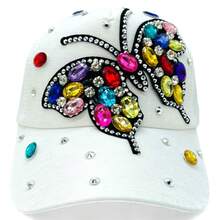 "Rainbow Butterfly" Bling Bling Bead BASEBALL CAP Adjustable, UV Protection, Perfect For Outdoor Activities, Casual - Putih - View 3