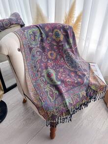 1 chiếc khăn choàng cổ giả cashmere dệt jacquard họa tiết Paisley thanh lịch dành cho nữ, khăn choàng tua rua đa năng phong cách Bohemian, phụ kiện ấm áp có thể đảo ngược để mặc hàng ngày, du lịch, đi nghỉ - Màu tím - Xem 4
