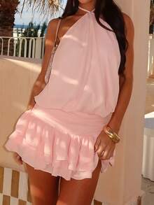 Women's Summer Mini Dress Plain Halter Neck Backless Layers Ruffle Hem Mini Dress A Line Going Out Dress - Hồng - Xem 5