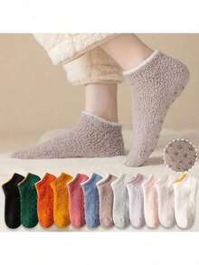 1/4双纯色毛绒袜，加厚保暖柔软蓬松，适合秋冬季节，女士袜子，舒适保暖 - 彩色 - 查看 10