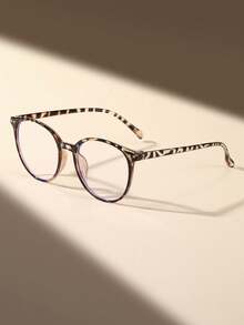 1 Pair Unisex Leopard Print Round Small Frame Blue Light Blocking Clear Lens Glasses, Simple & Fashionable, Suitable For All Face Shapes, Daily Office Reading, Street Photography Accessory - 白豹紋平 - 查看 5