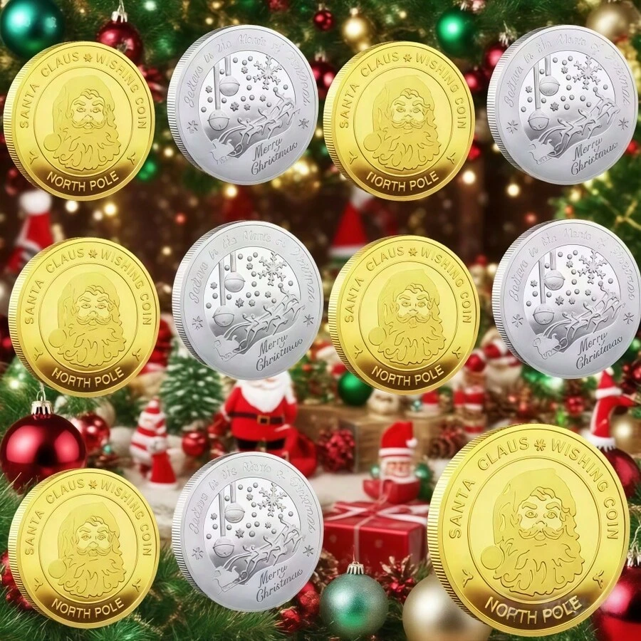 3/5/10pcs Alloy Plated Santa Claus Commemorative Coins For Christmas Eve, New Year Party Gifts, Decorations