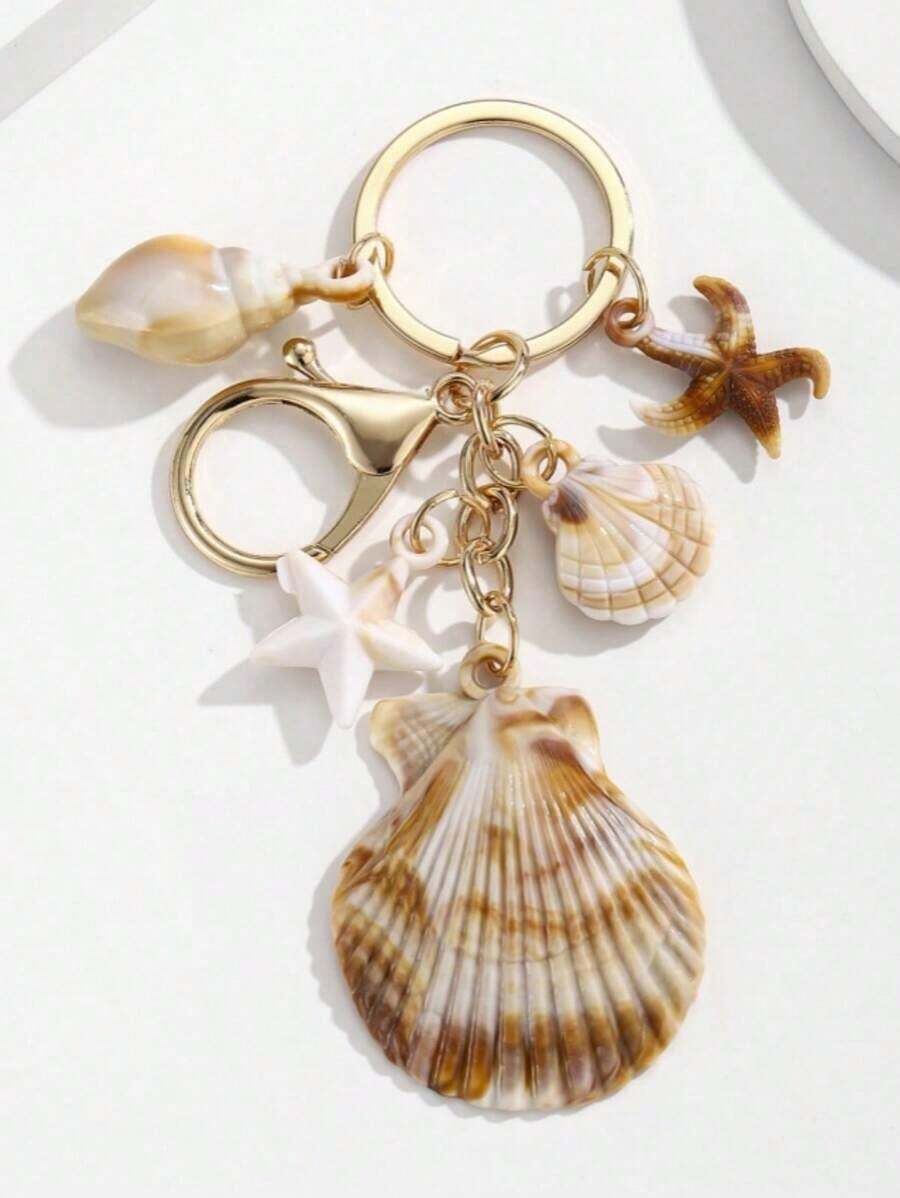 1pc Unisex Natural Seashell Keychain, Cloud Spiral Shell & Starfish Pendant, Summer Beach Series Gift For Friends, Keychain Accessory - Multicolor 3 - 查看 1