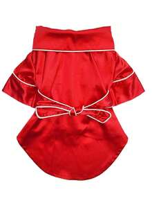 1pc Satin Solid Color Handmade Trim Waistband Comfortable Pet Pajamas For Cats And Dogs, All-Season Wearable Home Loungewear Sleepwear, Christmas Decoration - Red - View 13