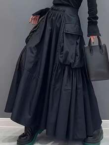 New Arrival High Waist Flared Long Skirt With Large Pockets, Fashionable Loose Women Clothing - Black - View 5