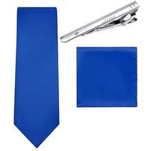 Conjunto de 3 peças de gravatas formais de cor sólida e prendedores de gravata de bolso para homens, para pais, maridos, namorados, padrinhos, padrinhos e todos os entes queridos - Azul marinho - Ver 5