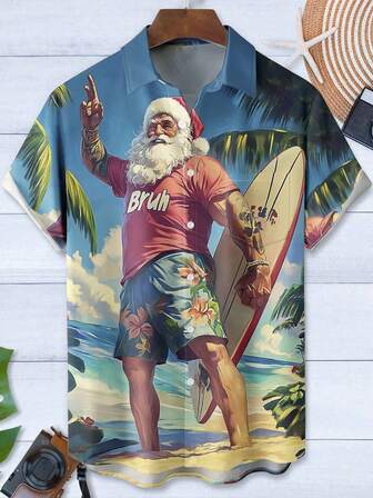 Chemise à manches courtes pour hommes avec poche, imprimé de Père Noël surfant pendant les vacances