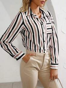 Plus Women's Striped Printed Flip Tie Button Shirt Top