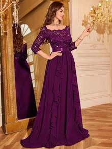 MIUSOL Sequin Floral Lace V-Neck 3/4 Sleeve Chiffon Ruffle Hem Formal Party Maxi Dress Wedding Spring - Maroon - View 8