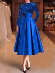 Magic Mia Elegant Satin Midi Dress For Women, Velvet Sequin Contrast, A-Line, Long Sleeves, Crew Neck, No Belt, Holiday Party Dress, Christmas Dress, No Padding, Regular Fit, Solid Color - 寶藍色 - 查看 1
