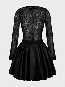 镂空透视性感复古蕾丝边夜店派对连衣裙 - 黑色 - 查看 3