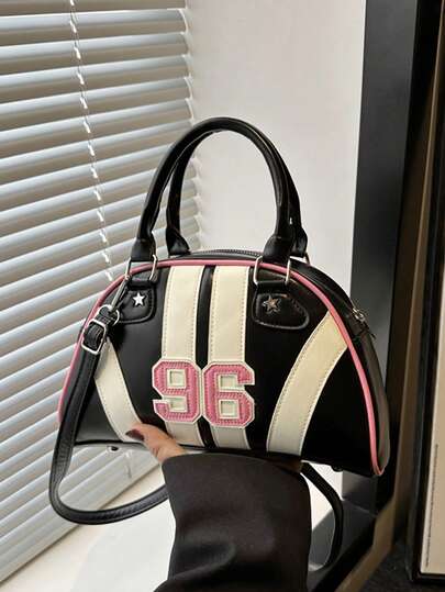 Bowling Ball Tote Bag, Half Moon Bag With Metallic Star Rivets, Dumpling Textured Women Handbag, New Fashion Letter Contrast Stitching Shell Crossbody Bag, Women Small Daily Shoulder Messenger Bag