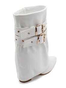 Bottines Femme Talon Bas Avec Doubles Boucles Dorées – Style élégant En Simili Cuir - White - View 4
