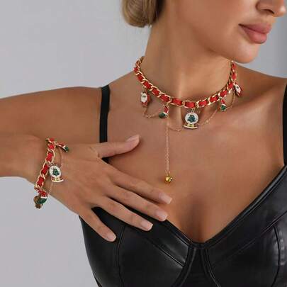 1pc Christmas Multi-Element Necklace, Women's Personalized Ribbon Woven, New Year Party, Christmas Gift