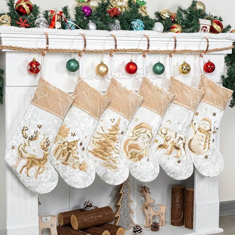 2025 New 6 Pack Christmas Stocking 20" Red Green  Plaid Mix And Match Classic Rustic Farmhouse Country Cotton Fireplace Hanging Xmas Stockings Decorations For Family Holiday Season Decor - Gold - View 1