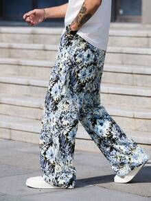Men's Casual Fashion Versatile Street Style Hip-Hop Loose Floral Print Wide Leg Casual Pants - 藍色 - 查看 6