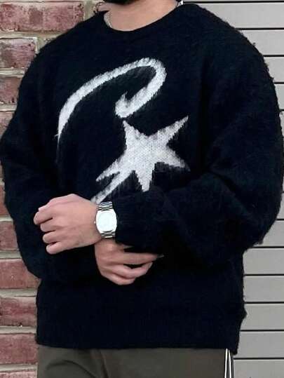 Unisex vintage casual lös passform rund halsad tröja med stjärnmönster, lätt och bekväm, lämplig för vår, höst och vinter