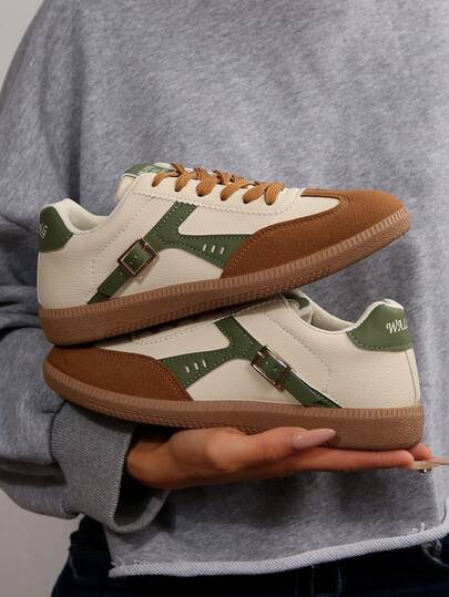 Women's Spring/Autumn Leather Sneakers, Contrast Color Design Suitable For Daily Wear, Adjustable Laces, Easy On/Off, Non-Slip TPR Outsole, Casual Shoes For Students