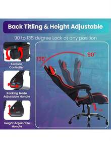 Ergonomic Racing Style Gaming Chair | Computer Desk Chair With Adjustable Lumbar Support | Breathable, Reclinable Design For Long Gaming/Work Hours - 紅色 - 查看 5
