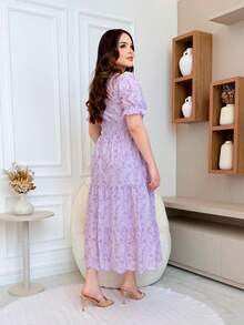 Elegant 3D Embroidered Laise Midi Dress In 100% Cotton With Puff Sleeves And Flared Skirt - Màu oải hương nhạt - Xem 2