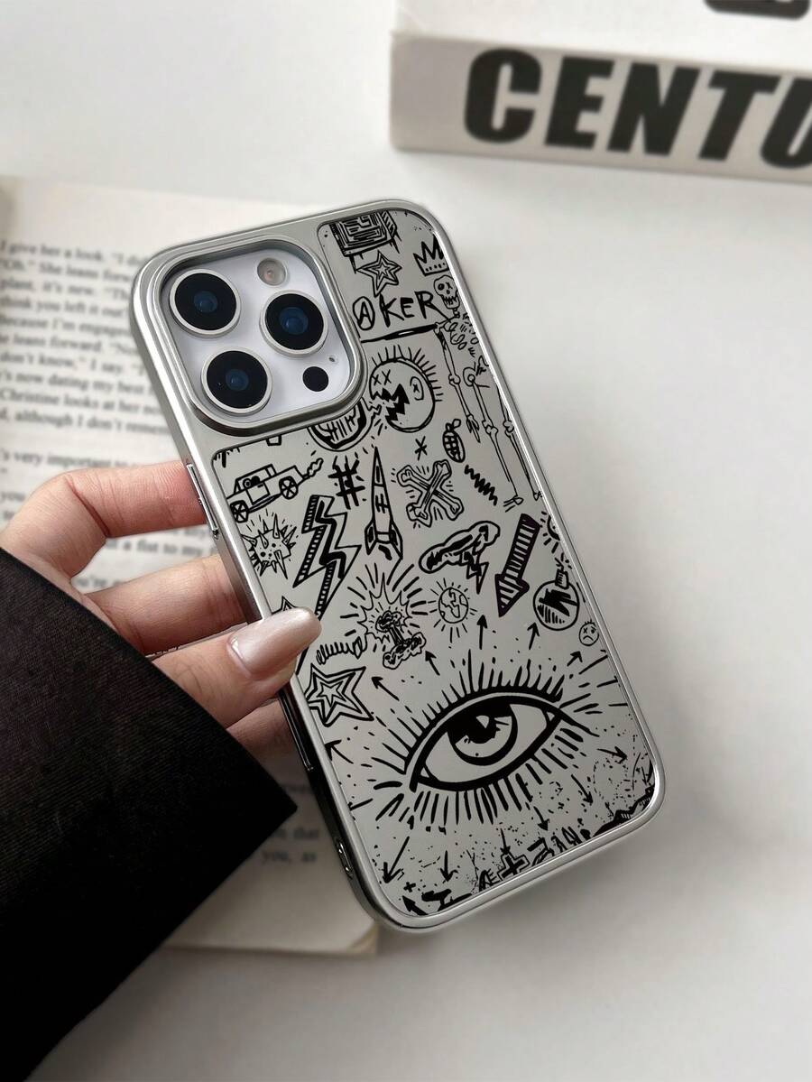 WeiMi 1pc Minimalist Personalized Fortune Telling Magic Graffiti Pattern Silver Electroplated Waterproof Shockproof Anti-Slip Phone Case Compatible With Apple Phones - Multicolor - View 1