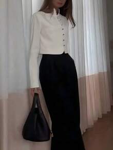 Áo kiểu nữ dáng crop top phong cách Trung Hoa mới, cổ đứng, cài nút, tay dài, màu trơn thanh lịch, dáng ôm, màu trắng - trắng - Xem 5