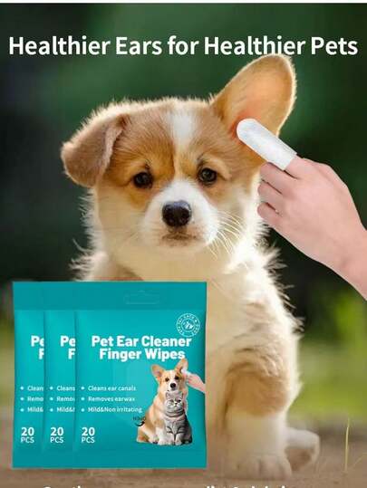 60 Stück tragbare Feuchttücher zum Reinigen von Haustierohren, Fingerhüllen, Spülfreie Tücher für Katzen und Hunde, Ohrreinigung, Geruchsbeseitigung, Entfettung