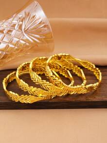 1/3/4pcs Vintage 18K Gold Plated Copper Asymmetrical Hollow Wheat Ear Cuff Bracelet Set, Suitable For Dubai/African Women's Daily, Party, Festival Gift