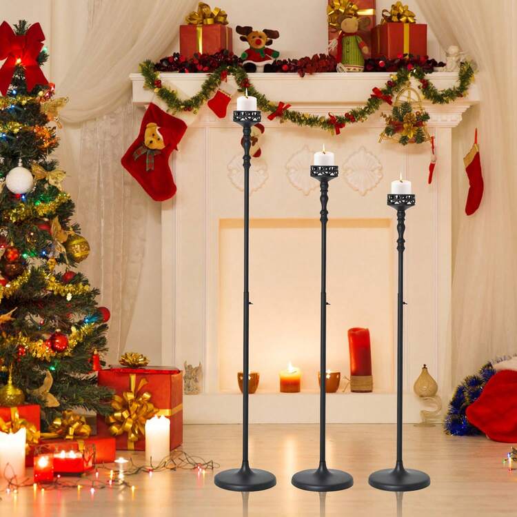 3pcs Adjustable Metal Floor Candle Holder,Black Gothic Candle Holder For Wedding Party Home Candles Holder For Ceremony Fireplace Mantel Decor,Mother's Day Decorations - 黑 - 查看 1