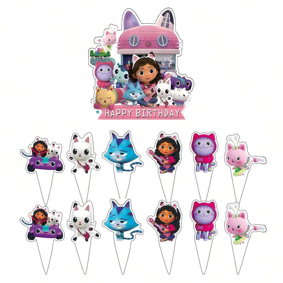 Gabby's Dollhouse [ Essential Party Decorations ]Gabby's Dollhouse Birthday Cake Display Cards, Cute Cartoon Flag Decoration Sets, Dessert Table Decoration Props, Birthday Party Photo Materials!