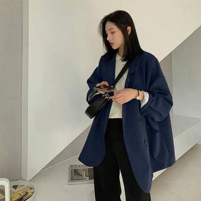 レディース トップス ジャケット カジュアル 長袖 スモールスーツ ワイドスリーブ カラー ルーズジャケット ポリエステル混紡 ダブルボタン 2列ボタン レトロ ブリティッシュスタイル 無地カラー ジャケット 快適 肌に優しい 通気性 高品質 韓国風 ロールアップ配色 オ...