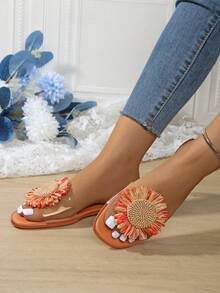 女士凉鞋，夏季鞋履，饰有花卉贴花设计，纯色优雅女士时尚休闲风格，法式浪漫风情，适合宽脚，百搭，适合派对、海滩、约会、正式场合、日常穿着，露趾设计，防滑，轻便，室内外皆宜的多功能平底拖鞋，饰有花卉图案 - 橘色 - 查看 4