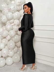 AIJ Amarilo 女士优雅棕色亮面针织长袖露肩不对称领口褶皱腰部开衩下摆连衣裙，适合派对和通勤，春夏款 - 黑色 - 查看 2