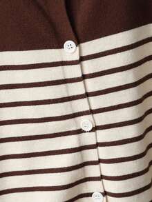 1pc Fashionable Round Neck Striped Contrast Color Knit Cardigan For Baby Boys, Brown Long Sleeve Jacket