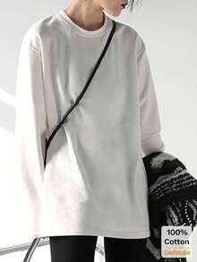 女士纯棉长袖T恤，宽松中长款白色上衣，可叠穿，时尚秋冬休闲风 - 白色 - 查看 2