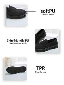 Women's Autumn/Winter New Comfortable Thick Sole Casual Daily Commute Black PU Loafers, Fashionable School Style Slip-On Flat Oxfords For Students