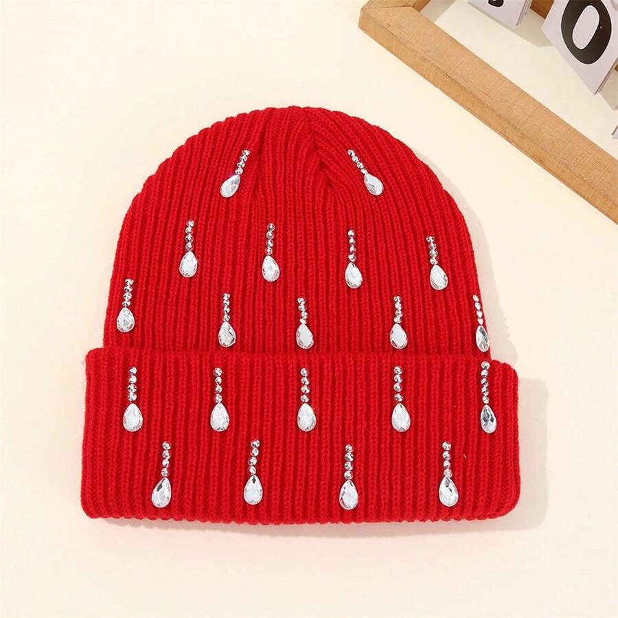 Knit Rhinestone Embellished Hat For Women, Winter Warm Beanies Cap For Outdoor Shopping, Dating, Ski - Đỏ - Xem 1