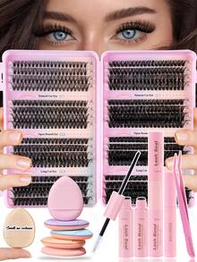 800/640件DIY睫毛假睫毛套装，单根睫毛簇，8-16毫米，混合30D+40D+50D+60D+80D+100D，配有睫毛膏、镊子和睫毛刷，适合初学者，精美礼品套装，适合日常和派对使用假睫毛套装 - 黑色 - 查看 5