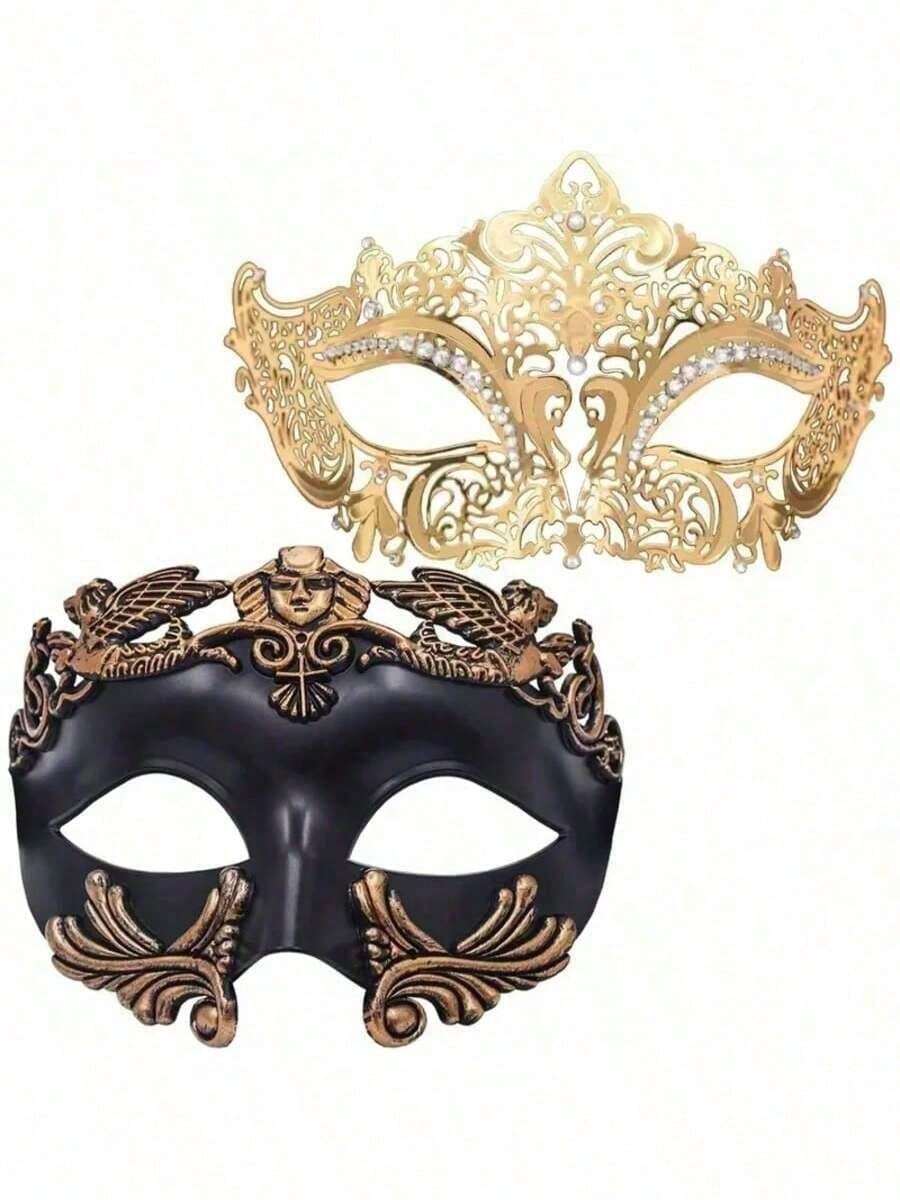情侣化妆舞会面具 - 罗马和希腊风格黑金男士面具和威尼斯金属女士面具，蕾丝优雅女士面具，适合万圣节、狂欢节、情人节、圣诞节、威尼斯节日、角色扮演、时尚活动、时装秀、化妆舞会主题派对和晚宴活动，情侣服装派对装饰，主题活动配饰，精美图案设计金属质感 - 金色 - 查看 1