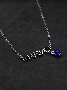 1pc Customized Name Necklace, Personalized Name Necklace With Blue Gemstone Pendant, Stainless Steel Engraved Plate Pendant Necklace, Handmade Jewelry, Birthday/Christmas/Valentine's Day Gift For Her/Him - Multicolor - View 3