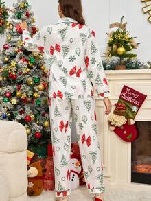 2pcs Set Piyama Nyaman Motif Asimetris Pohon Natal dengan Saku Gagang Payung, Atasan Lengan Panjang dan Celana dengan Trim Warna Kontras, Set Piyama Kasual Bahan Bubble Crepe Lembut, Pakaian Musim Gugur - Putih - View 2
