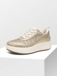 Women Platform Casual Sneakers Thick-Sole Woven Style Fashion Comfortable Wedge Sneakers Autumn Winter Outdoor Sport Shoes - 金色 - 查看 1