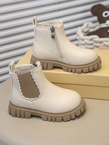 1 Pair Children's Fashion New Style Girls' Boots, PU Material, Side Zipper & Elastic Ankle, Floral Decor, Non-Slip Soft Durable Sole, Chelsea Style Suitable For School, Outdoor, Home, Spring, Summer, Autumn Wear