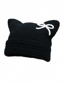 1pc Unisex Hand Knitted Cute Striped Cat Ear Beanie Hat, Autumn Winter Warm Ear Protective Handmade Striped Ski Mask Street Fashion Hip-Hop Couple Headwear - Multicolor - View 49