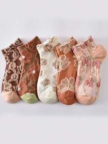 5 Pairs Women Vintage Short Socks, Embossed Floral Lace Trim Low Vamp Boat Socks, Lightweight & Comfortable, Suitable For Autumn/Winter - Multicolor - View 9