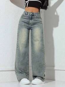 Teenage Girls' Minimalist Fashion Casual Straight Leg Jeans With Pockets - Light Wash - View 3