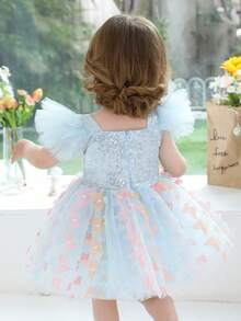 女婴蓝色荷叶袖亮片3D蝴蝶结优雅派对礼服，公主裙，适合宝宝一周岁生日派对、婚礼、宴会、花童等场合。 - 淺藍色 - 查看 2
