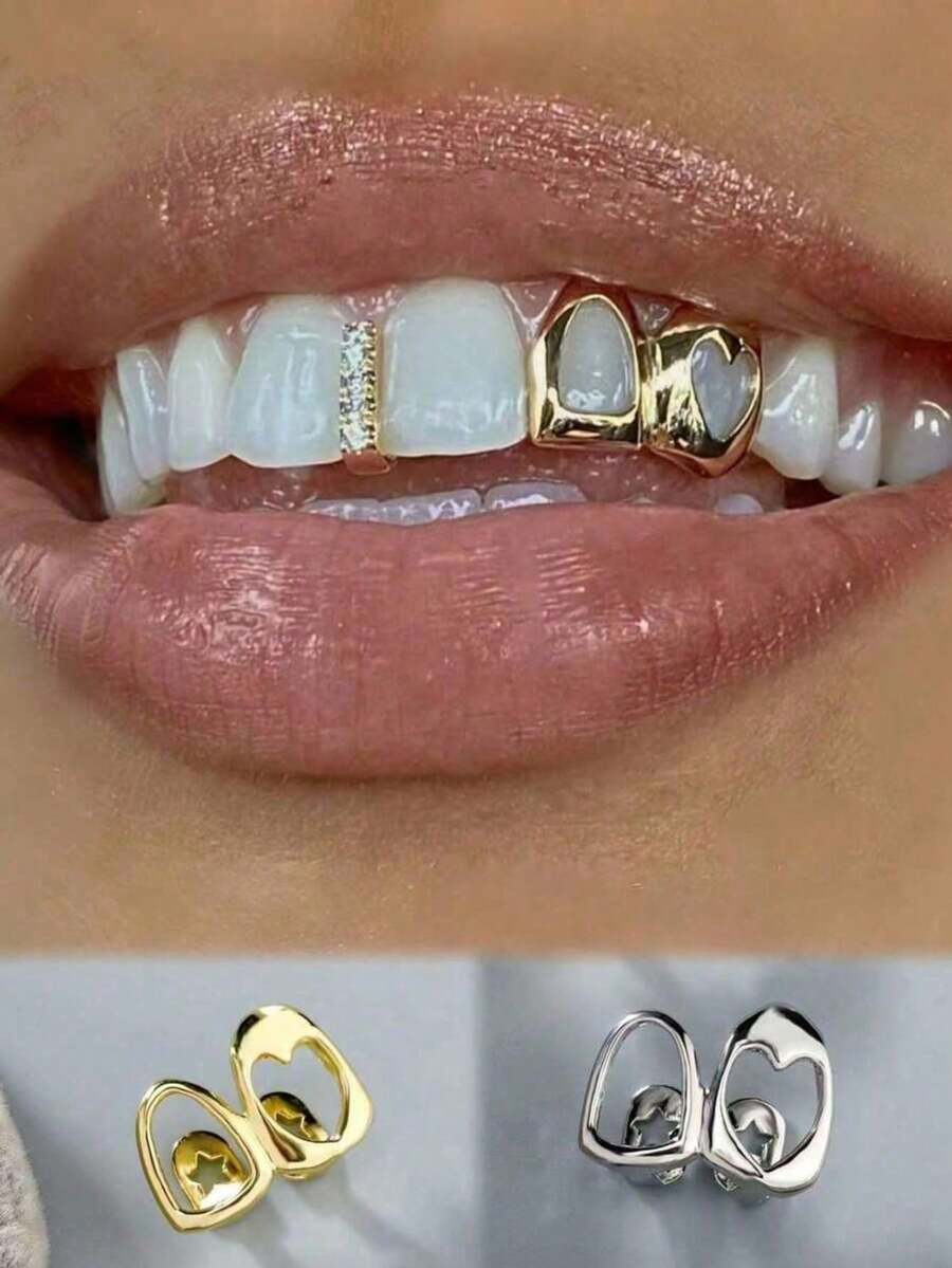 2 piezas Diseño de Grillz hueco de oro y plata, joyería decorativa de diente hueco de estilo punk para uso diario, festival de música, fiesta, vacaciones, regalo de pareja; Halloween