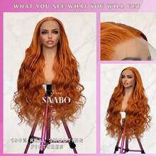 26 英寸姜橙色蕾丝前假发，预拔，可直接佩戴，13x4 英寸高清无胶波浪姜色蕾丝前假发，适合女性，自然造型，人发混纺，耐热纤维，姜色假发 - S350 - 查看 3