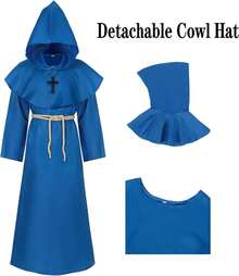 Friar Medieval Monk Robe Renaissance Priest Robe Necklace Halloween Cosplay Costume Adult Teens Long Cape - Màu Đỏ Sâu - Xem 11